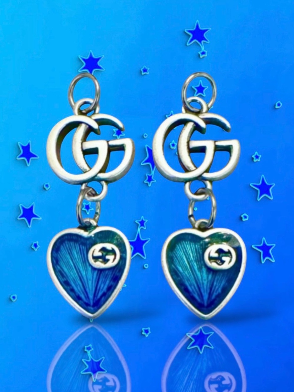 💗VINTAGE GUCCI 2-Piece Interlocking Gs & Bright Blue Heart Silver-Tone Hardware